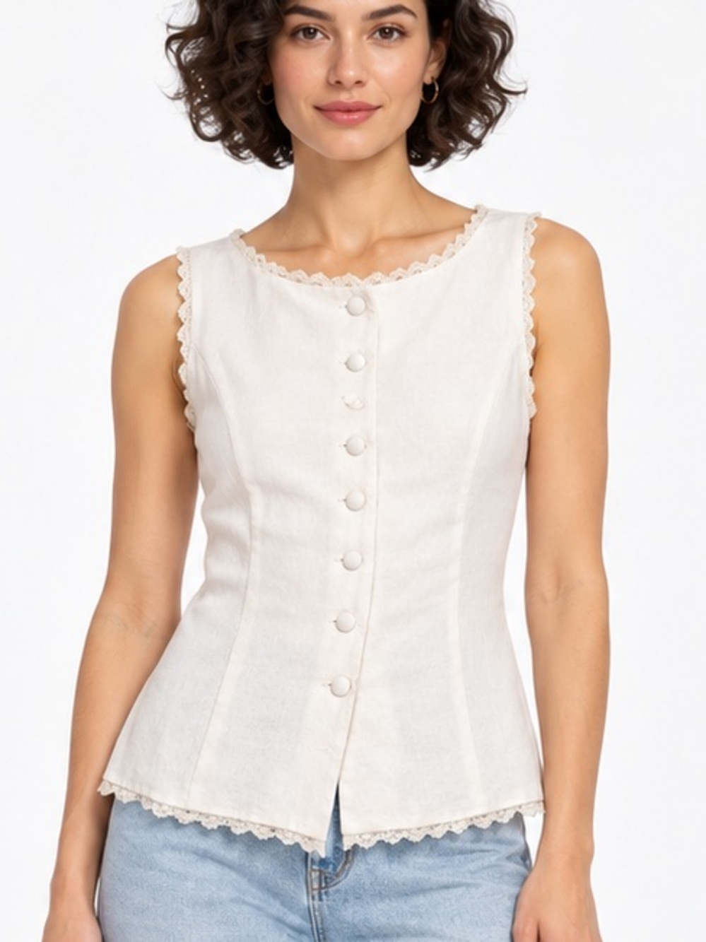 Christian Lacroix Amela Ivory Linen Blend Lace Trim Sleeveless Top XS Cottagecor